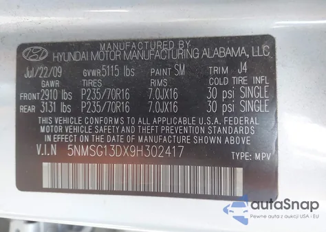 2009 Hyundai Santa Fe Gls из США, поврежденный, VIN 5NMSG13DX9H302417